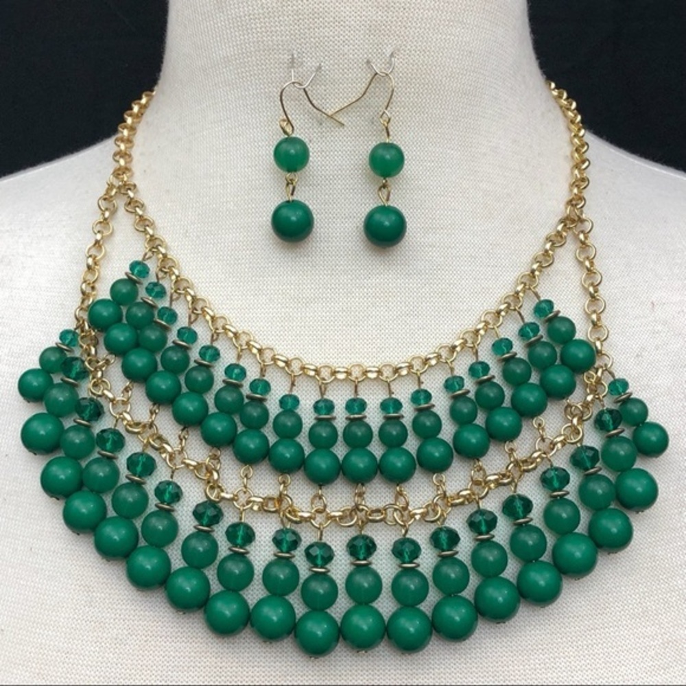 Layered Dark Green Beads 2 Row Large Gold Statement Bib Necklace Earrings Set